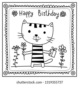 Funny cat with gift and flower happy birthday card.