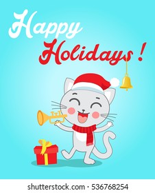 Funny Cat With Gifts And Santa Hat In Flat Style Vector. Happy Holidays Postcard Design.