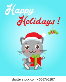 Funny Cat With Gifts And Santa Hat In Flat Style Vector. Happy Holidays Postcard Design.