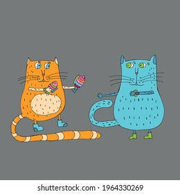 funny cat gives a gift to kitty. Vector illustration. Isolated. Can be used in your projects in banners and posters. Cartoon. Coloring pages for adults and children. Hand-drawn doodle style