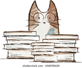 Funny cat in glasses with books. Smart cat reading books. Education. Vector illustration isolated on white background