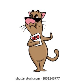 A funny cat with glasses holds a sign with the text no .Vector children's illustration on a white isolated background for banners, postcards and stickers.