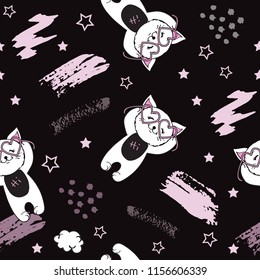 Funny cat with glasses on a black background seamless pattern
