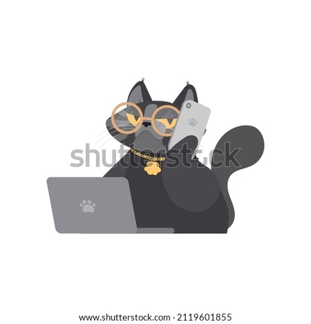 Funny cat with glasses sits at a laptop and holds a smartphone. Sticker Cats with a serious look. Good for stickers, t-shirts and postcards. Isolated. Vector.