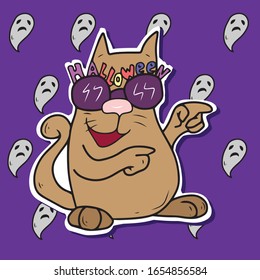 Funny cat in glasses with the word Halloween on them.Sticker. Vector design for banners and postcards for the Halloween holiday.