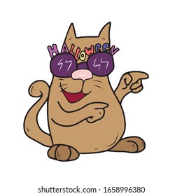 Funny cat in glasses with the word Halloween on them.Sticker. Vector design for banners and postcards for the Halloween holiday.