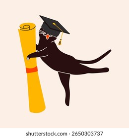 Gato engraçado na roupa de graduação comemorando