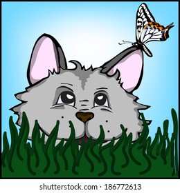 Funny cat in the grass with a butterfly on the ear