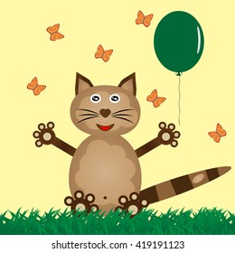 Funny cat in the grass releases balloon  Flying butterflies  Card  Yellow background 