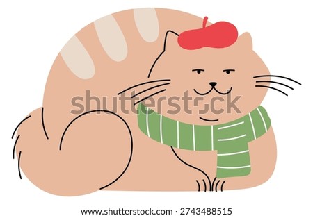 Funny cat in green scarf and red hat. Artistic animal character