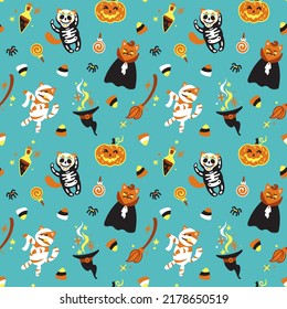 Funny cat in halloween costumes. Kids pattern for halloween.  Seamless pattern for fabric, wrapping, textile, wallpaper, clothes. Vector.