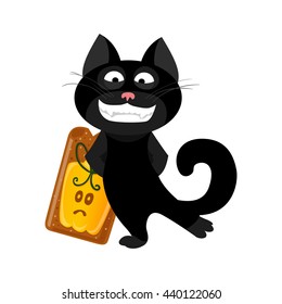 Funny cat for Halloween isolated on white background. Black cat in cartoon style. Vector illustration.