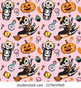 Funny cat in Halloween skeleton costume. Children's drawing for halloween on a pink background.