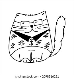 Funny cat hand drawn in doodle style, black and white