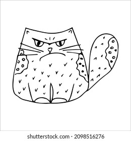 Funny cat hand drawn in doodle style, black and white