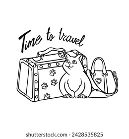 Funny cat and hand drawn text - time to travel. Vector illustration