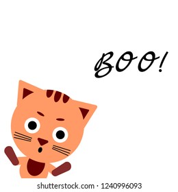Funny cat with hands. Boo text. Greeting card. Cute cartoon character. Scary spirit. White background. Flat design. Vector illustration. Happy Halloween.