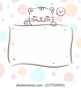 funny cat hanging on paper board template. Cat body with paw print. Cute cartoon character. Kawaii animal. Baby card. Pets collection. Flat design style with colorful background.