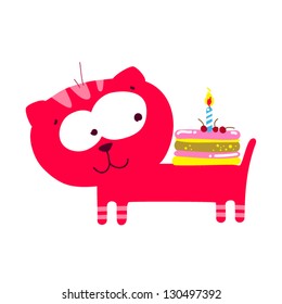 Funny cat with a happy birthday pie. Cartoon vector illustration.