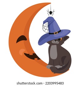 Funny cat in a hat on the moon. Childrens illustration for Halloween.