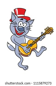 Funny cat in a hat plays themerry cat guitar.