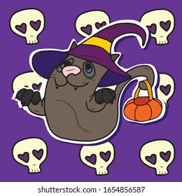 Funny cat with a hat and a pumpkin bag on his tail.Sticker . Vector design for banners and postcards for Halloween