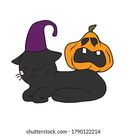 Un gato gracioso con un sombrero y una calabaza en la parte de atrás. Diseño vectorial para carteles y tarjetas de felicitación para Halloween.