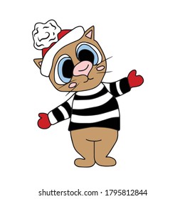 Funny cat in a hat and a striped jacket .Vector children's design for greeting cards, banners.Sticker