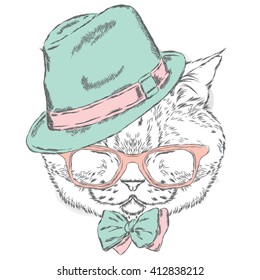Funny cat in a hat and sunglasses. Vector illustration.