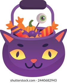 Funny cat head basket. Cartoon candy treat isolated on white background