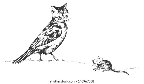 Funny cat head bird hand drawn vector illustration
