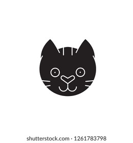 Funny cat head black vector concept icon. Funny cat head flat illustration, sign