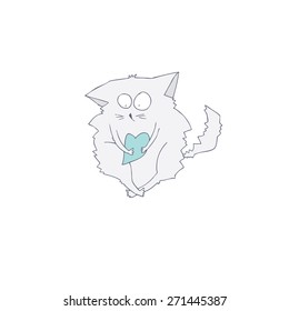 funny cat with a heart in paws on a white background