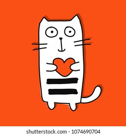Funny cat with heart, sketch for your design