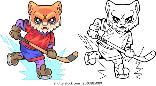 funny cat hockey player, coloring for kids