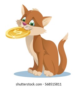 Funny cat holding dollar coin. Cartoon styled vector illustration. Elements is grouped  and divided into layers. Isolated on white.