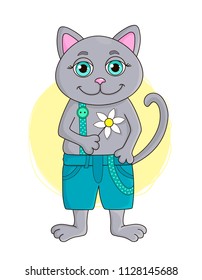 Funny cat holding flower,  illustration