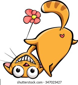 funny cat holding a flower upside down and shows off her ass, vector, isolated on white