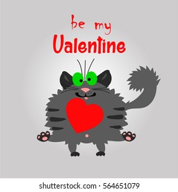Funny cat holding a heart in his mouth. Card for Valentine's Day. Vector cartoon
