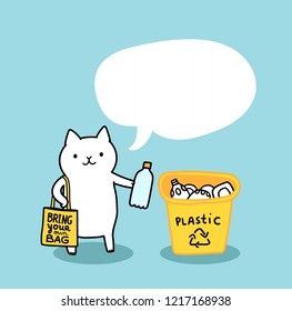 Funny cat holding plastic bottle. Zero Waste concept. Recycling illustration. Yellow trash bin. Cute pet animal with reusable grocery tote bag. 