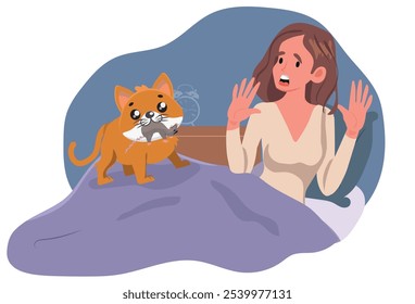 Gato divertido que sostiene la rata y la muchacha sorprendió, gato que presenta a su dueño con un ratón muerto. Ilustración vectorial de dibujos animados.