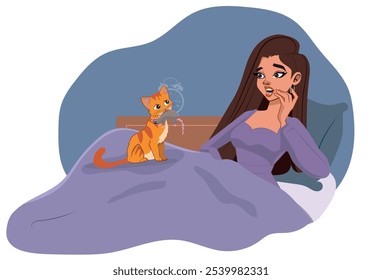 Gato divertido que sostiene la rata y la muchacha sorprendió, gato que presenta a su dueño con un ratón muerto. Ilustración vectorial de dibujos animados.