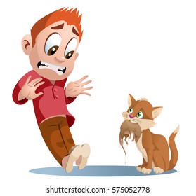 Funny cat holding rat. Man shocked. Cartoon styled vector illustration. Elements is grouped and divided into layers. No transparent objects.