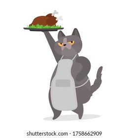 Funny cat is holding a roast turkey. A cat with a funny look holds a fried chicken. Good for stickers, cards and t-shirts. Isolated. Vector.