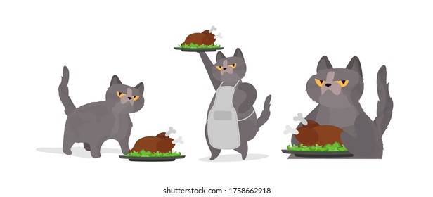 Funny cat is holding a roast turkey. A cat with a funny look holds a fried chicken. Good for stickers, cards and t-shirts. Isolated. Vector.