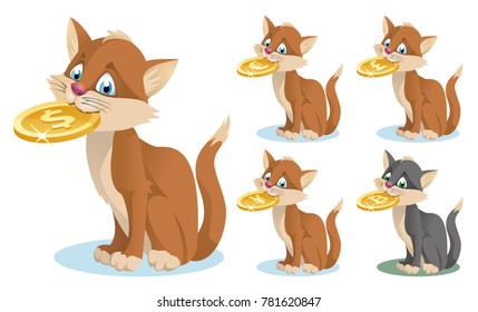 Funny cat holding symbol of different currencies. Dollar, euro, yen, pound sterling and bitcoin. Cartoon styled vector illustration. Elements is grouped. No transparent objects. Isolated on white. 