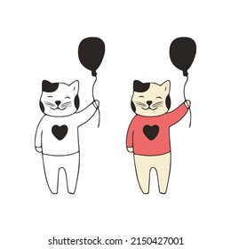 Funny cat holds a balloon doodle icon. Cute pets vector art on white background.