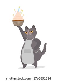 Funny cat holds a festive cupcake. Sweets with cream, muffin, festive dessert, confectionery. Good for cards, t-shirts and stickers. Flat style. Vector.