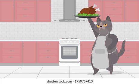 Funny cat holds a fried turkey. A cat with a funny look holds a fried chicken. Culinary blog or vlog concept. Vector.