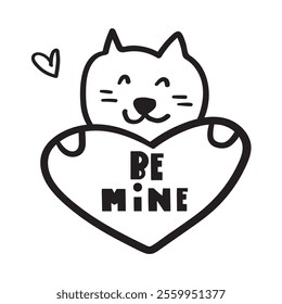 A funny cat holds a heart. Be mine. Valentine's Day design. Outline hand drawn illustration on white background.